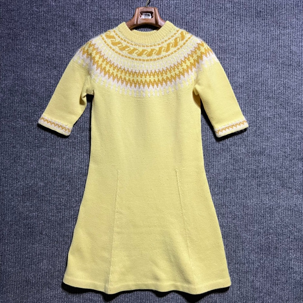 Vintage Handmade Denmark Sweater Dress Women Small Yellow Wool Fair Isle Nordic